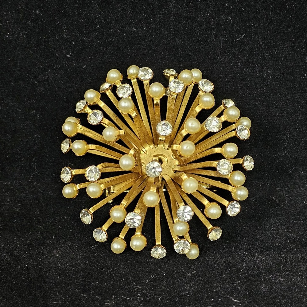 Vintage MCM Gold Tone Starburst Brooch Pin Faux Pearl Rhinestone Statement